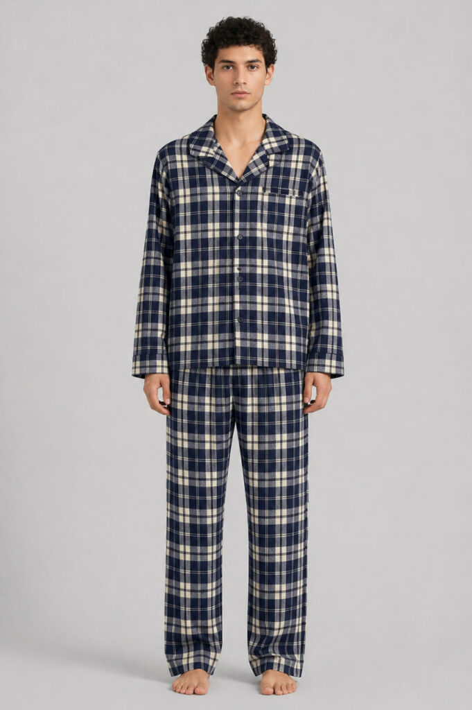 Piżama męska BOBRAND “Blue and Beige” – piżama premium w kratę - zdjęcie 2