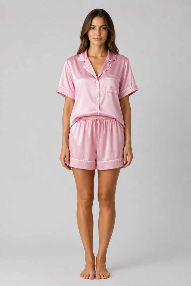 Krótka różowa piżama damska z jedwabiu "Soft Pink Satin" - zdjęcie 2