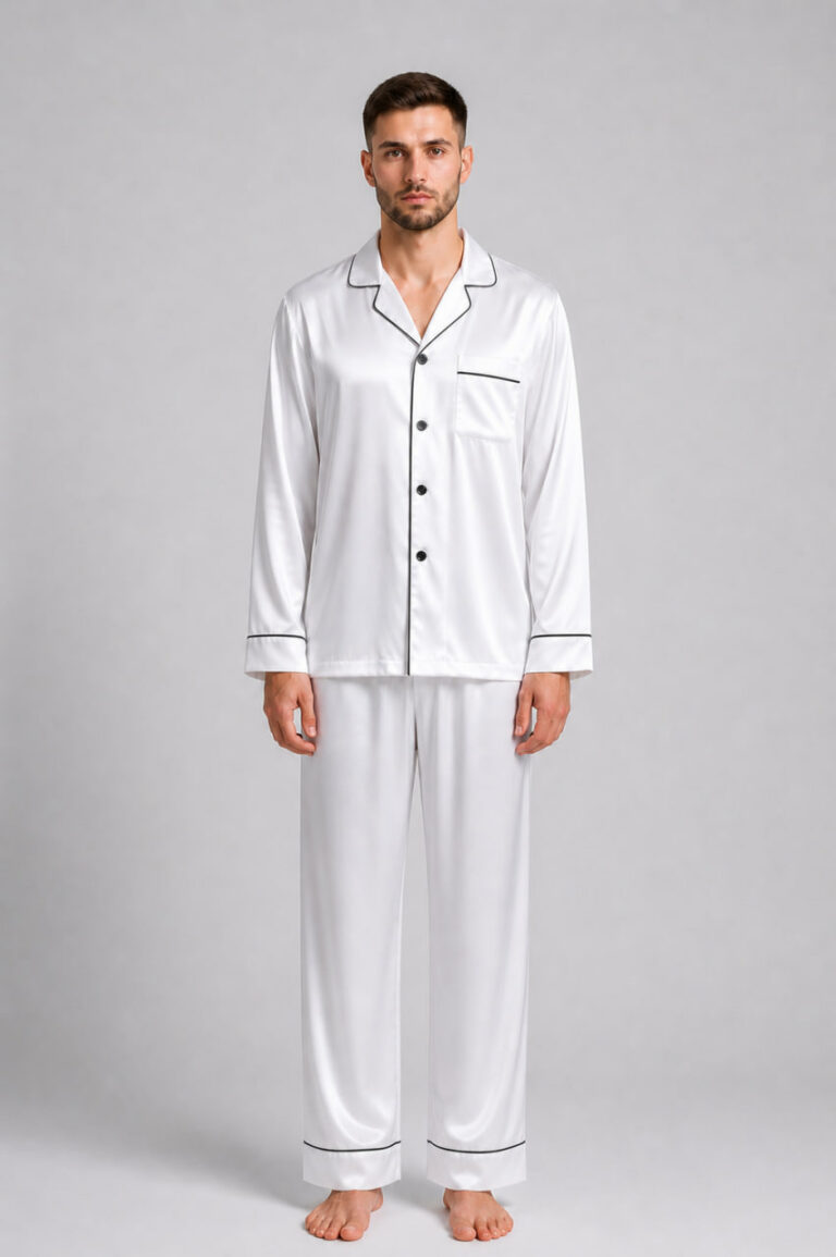 Piżama męska jedwabna BOBRAND “Classic White” - zdjęcie 2