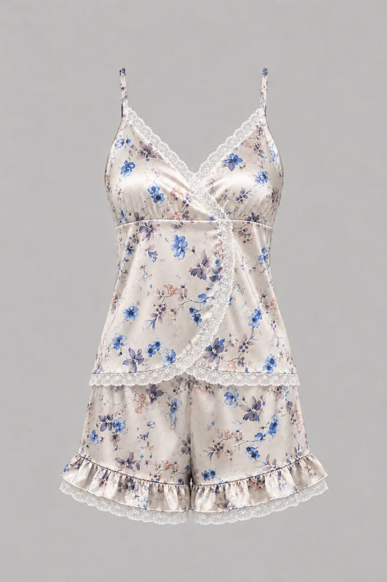 Piżama damska z koronką BOBRAND “Blue flowers”